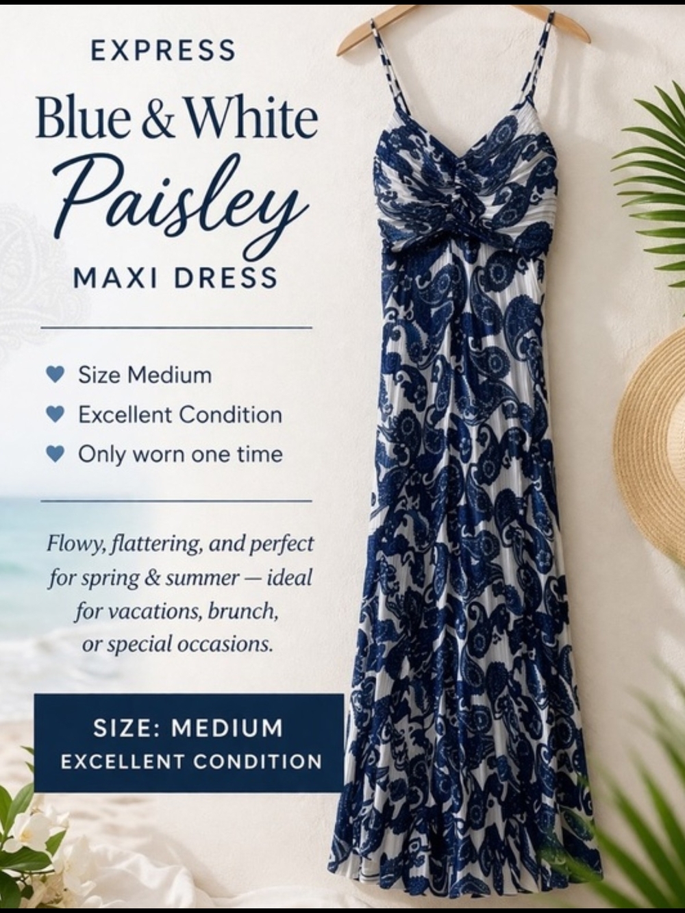 EXPRESS White and Navy Paisley Maxi Dress with Spaghetti Straps